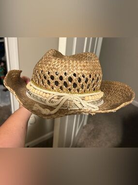 Woven Straw Fedora Hat with Bead & Chain Trim - Natural